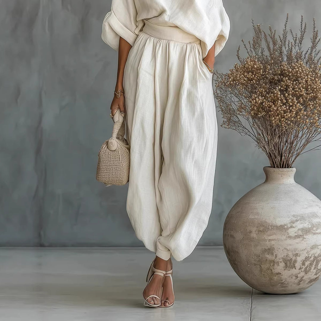 Women's Linen Set with One-Shoulder Top and Loose Harem Pants Mune Fashion