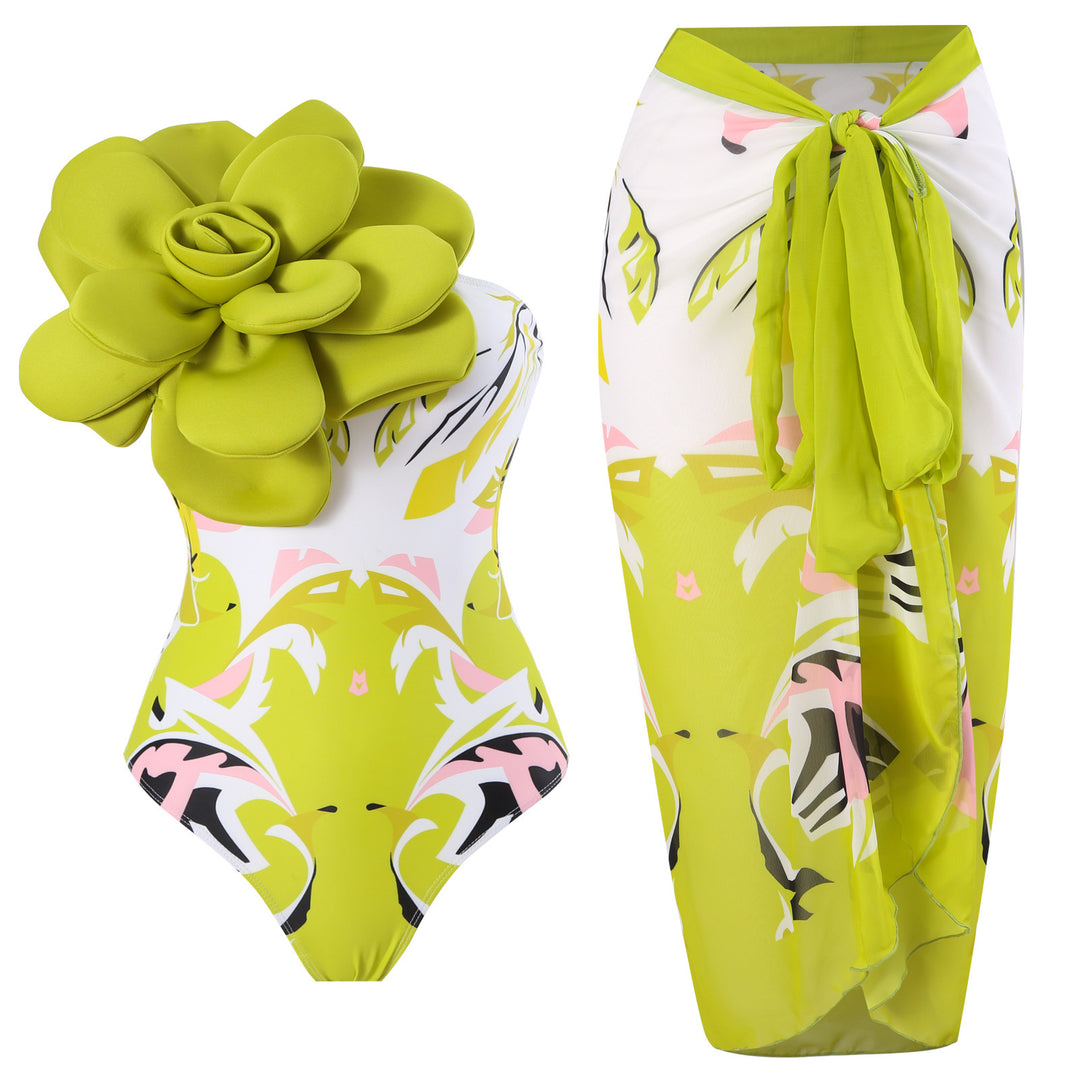 Ladies Elegant Swimsuit with Large Floral Detail and Transparent Overlay Mune Fashion