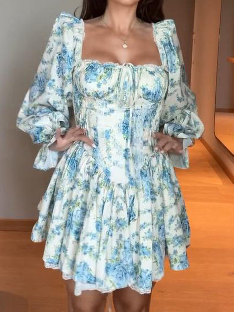 Ladies Corset Mini Dress with Puff Sleeves, Square Neckline and Tiered Ruffle Skirt Mune Fashion