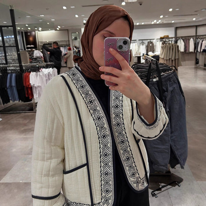 Women Quilted Kimono Cardigan with Geometric Embroidery Mune Fashion
