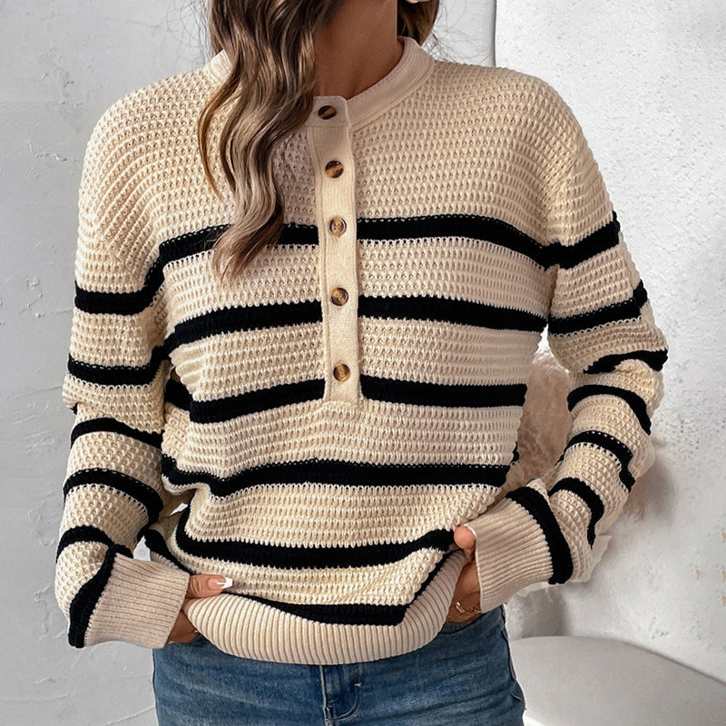 Women's Striped Waffle Knit Henley Sweater with Button Placket Mune Fashion