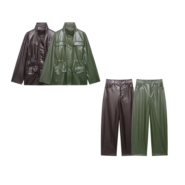 Women's Two-Piece PU Leather Ensemble with Field Jacket, Drawstring Waist and High-Waist Wide-Leg Pants Mune Fashion
