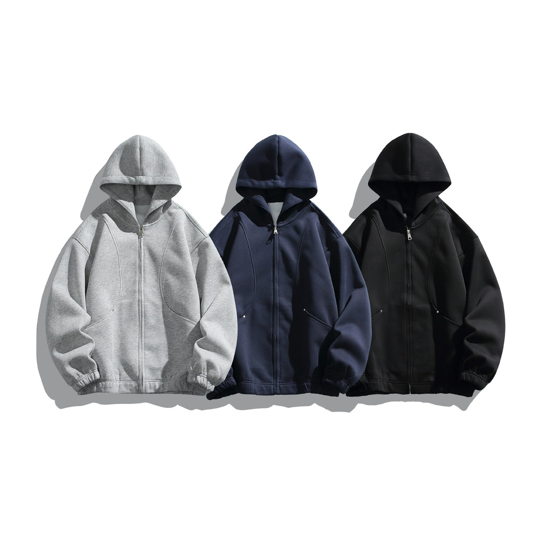 Unisex hoodie jacket with full zip, textured neoprene look and bubble pleat details Mune Fashion