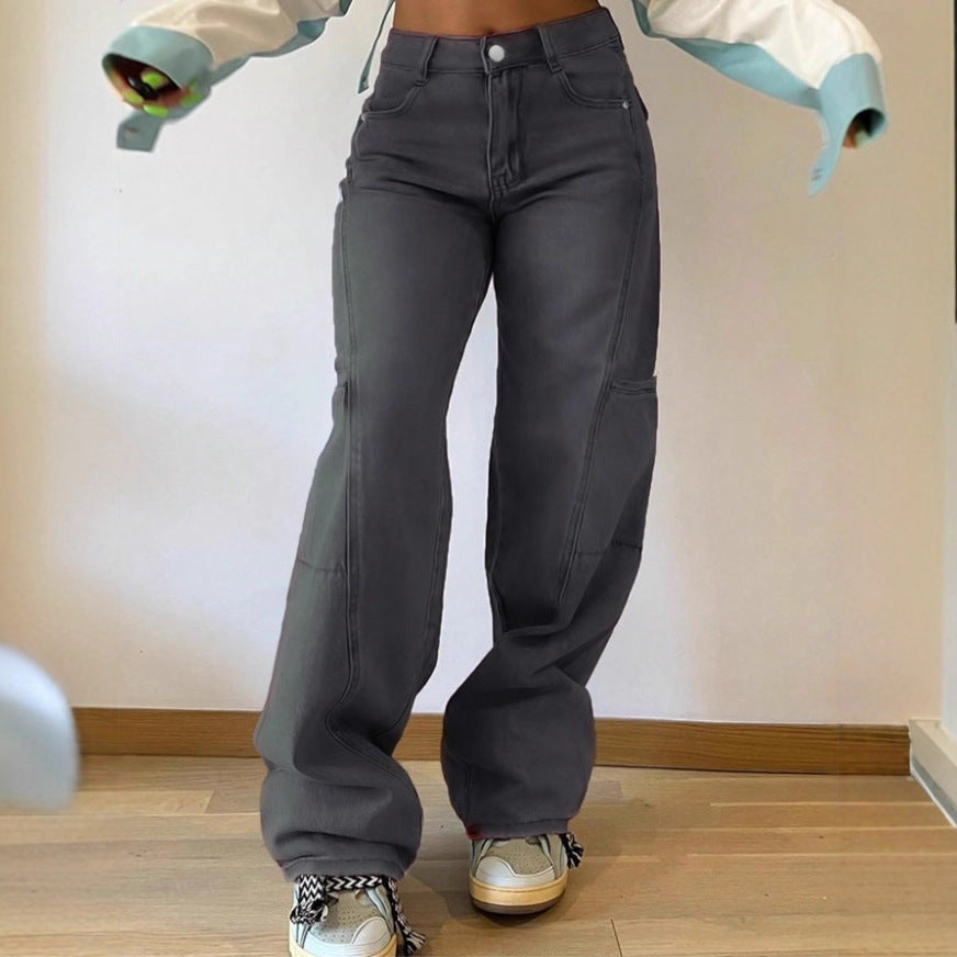 Women's High-Waist Wide Cargo Denim Pants with Seam Panels and Baggy Silhouette Mune Fashion