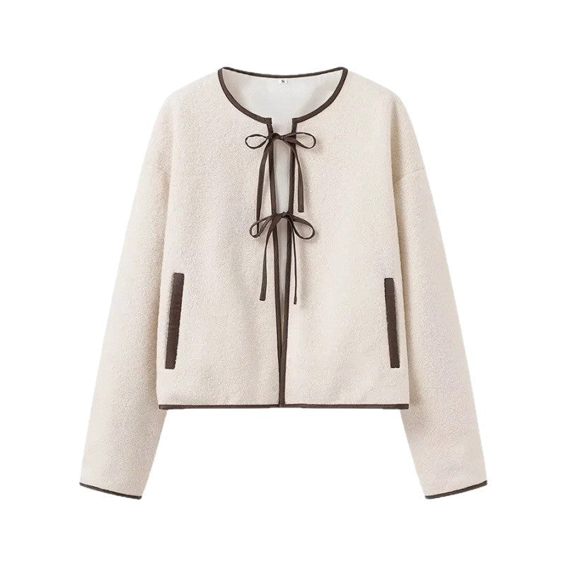 Ladies short cut teddy jacket with tie bands and contrast piping Mune Fashion