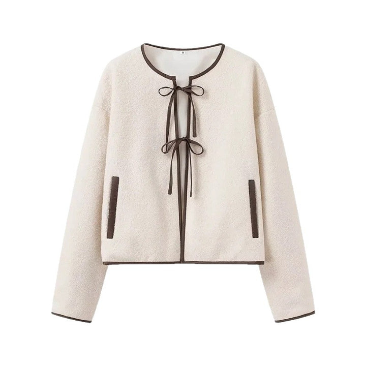 Ladies short cut teddy jacket with tie bands and contrast piping Mune Fashion
