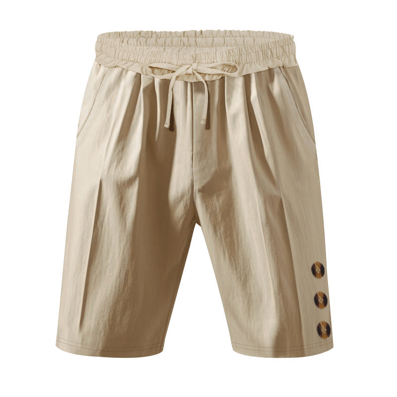 Men's knee-length casual Bermuda shorts with elastic tunnel drawstring waist, side slit pockets, and round decorative appliqués Mune Fashion