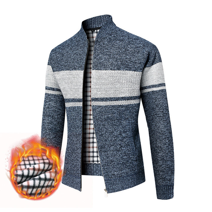 Men's thermal knitted zip jacket with stand-up collar and checkered fleece lining Mune Fashion
