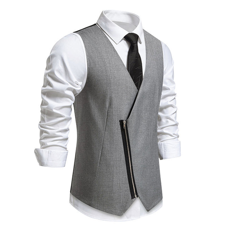 Men's Tailored Vest with Asymmetric Zipper and V-Neck Mune Fashion