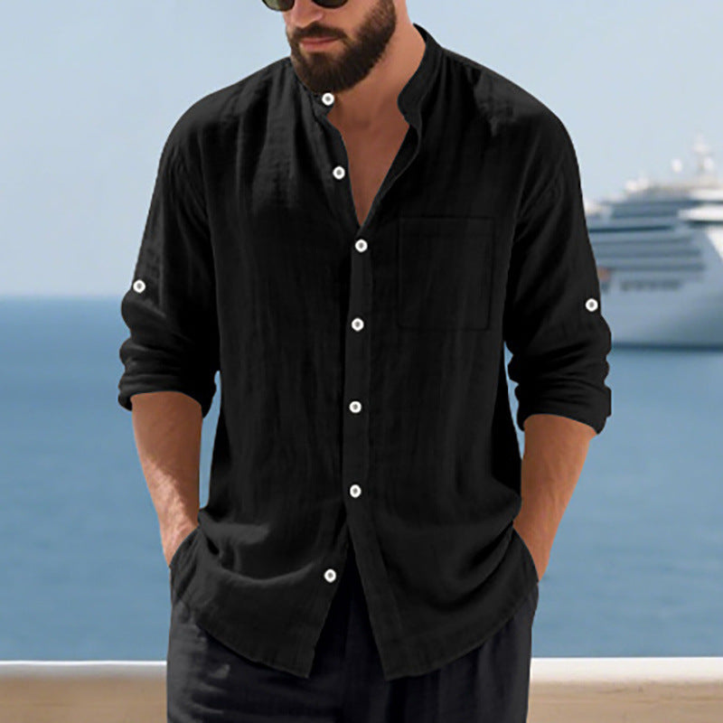 Men's airy linen shirt with stand-up collar, breast pocket, and rollable sleeves Mune Fashion
