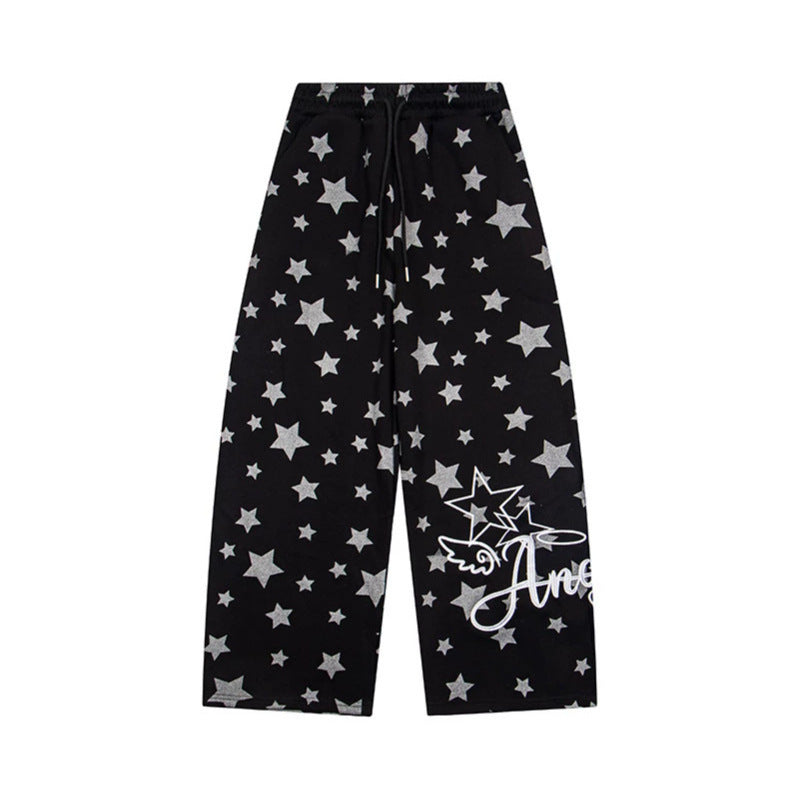 Women's extra wide palazzo lounge pants made of French terry with comfort waistband, drawstring, and all-over star print
