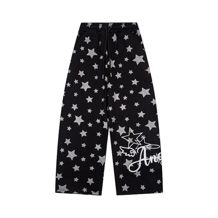 Women's extra wide palazzo lounge pants made of French terry with comfort waistband, drawstring, and all-over star print
