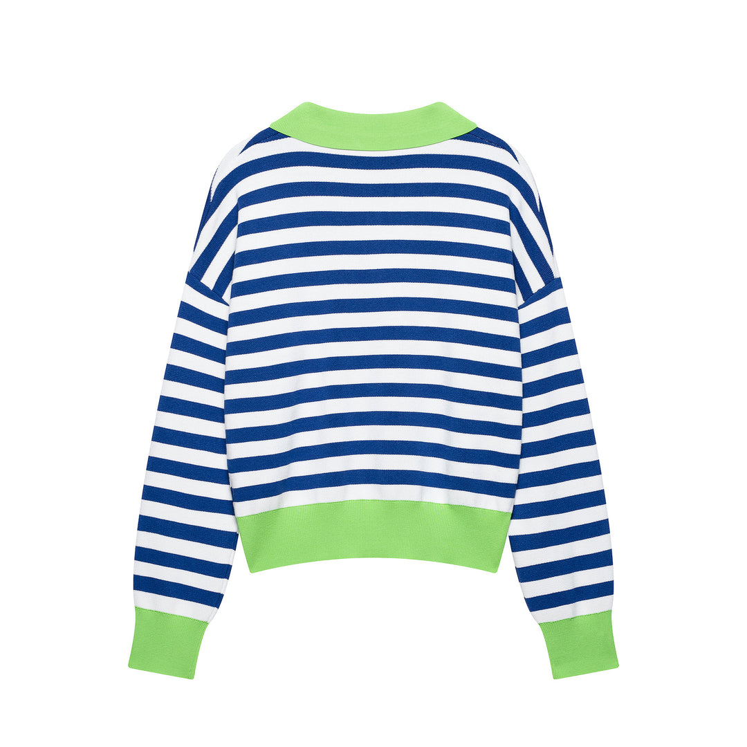 Women's Striped Cropped Polo Sweater in Fine Knit with Balloon Sleeves Mune Fashion