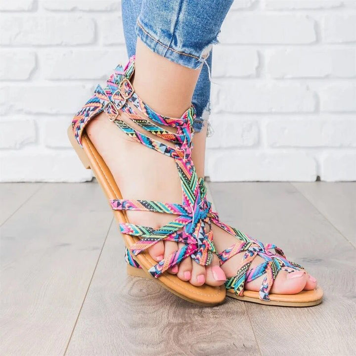 Women's Boho Sandals with Adjustable Ankle Straps and Ethno Print Mune Fashion