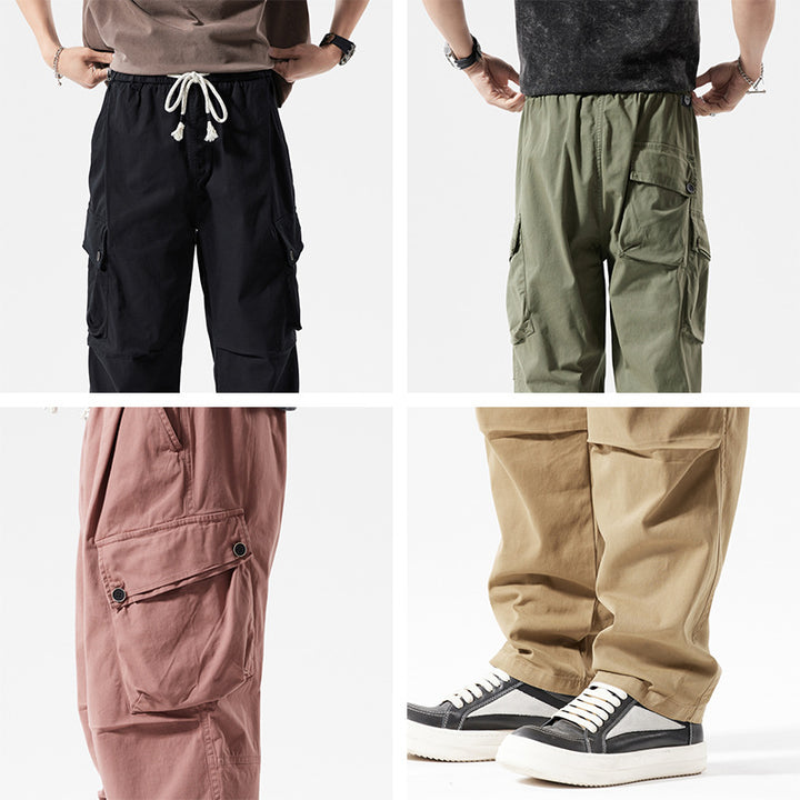 Men's Lightweight Relaxed Cargo Pants with Buttoned Flap Pockets and Decorative Drawstring Mune Fashion