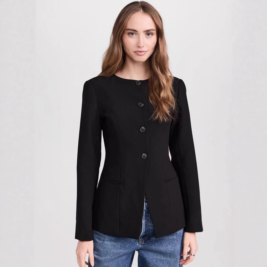 Women's Tailored Short Blazer with Round Neckline and Center Button Placket Mune Fashion