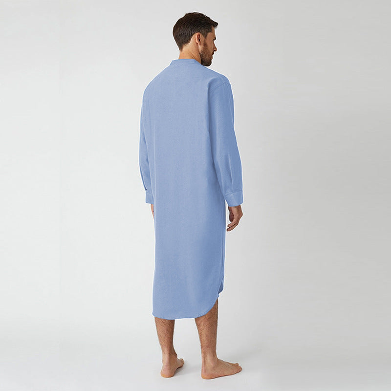 Men's long loose shirt with stand-up collar, chest pocket, and curved hem Mune Fashion