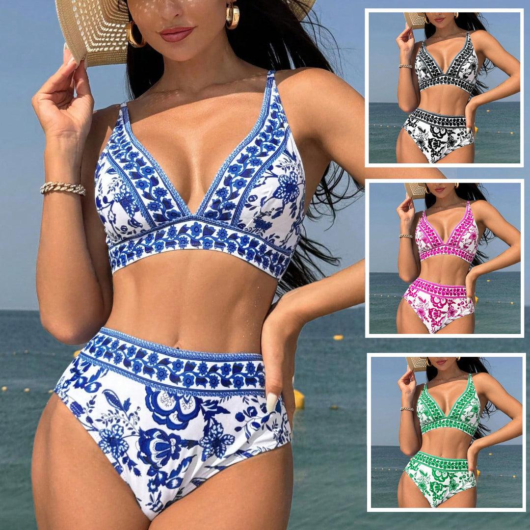 Women High-Waisted Bikini with Floral Pattern Mune Fashion