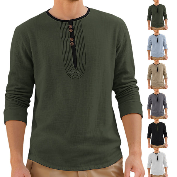 Men's Casual Linen Blend Long Sleeve Shirt with Decorative Button Placket and Decorative Stitching Mune Fashion