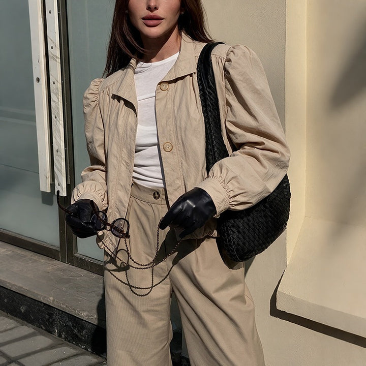 Women Light Short Jacket with Balloon Sleeves, Puff Shoulders & Elastic Hem Mune Fashion