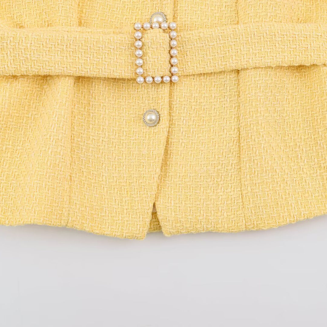 Women's short jacket in boucle tweed style with pearl buttons and waist belt Mune Fashion
