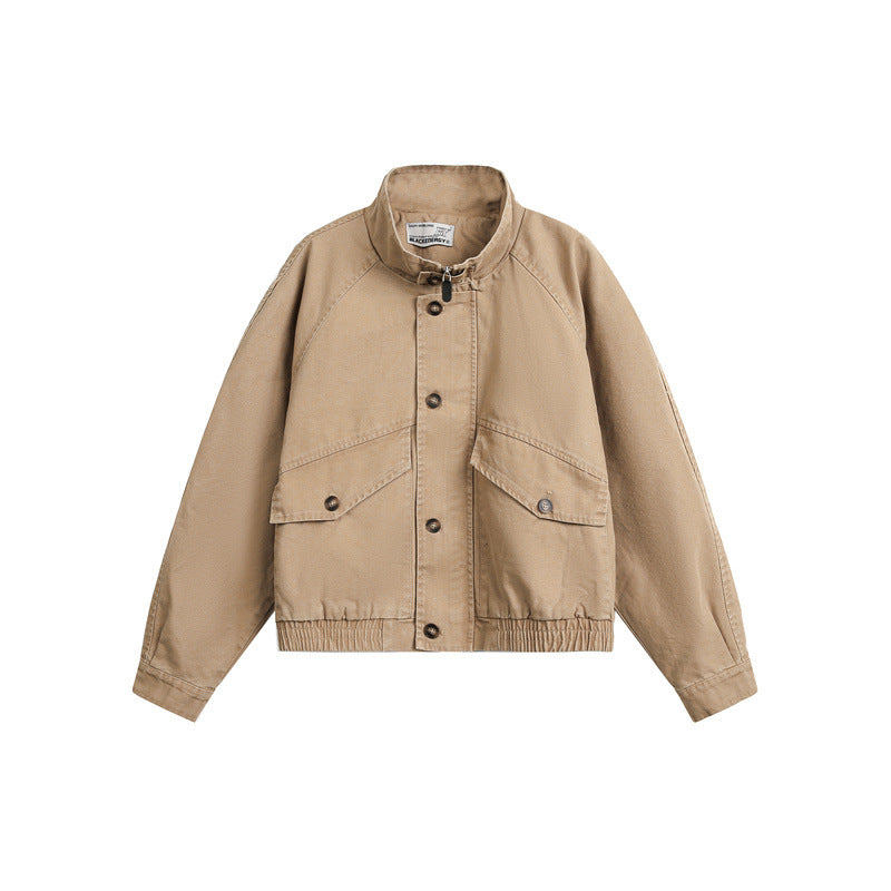 Unisex Short Cut Boxy Canvas Blouson Jacket with Funnel Collar, Patch Flap Pockets and Elastic Hem Mune Fashion