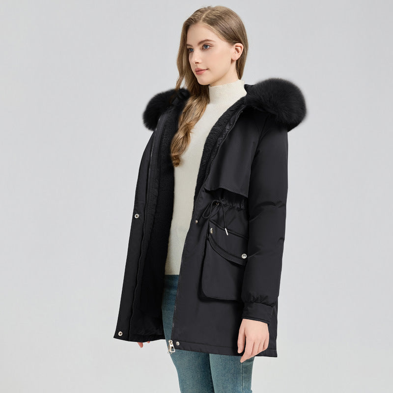 Women's Midi Length Thermo Parka with Teddy Lining, Removable Faux Fur Collar and Waist Adjustment Mune Fashion