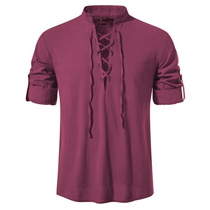 Men's casual lace-up shirt with stand-up collar, linen-cotton blend and roll-up sleeve tabs Mune Fashion