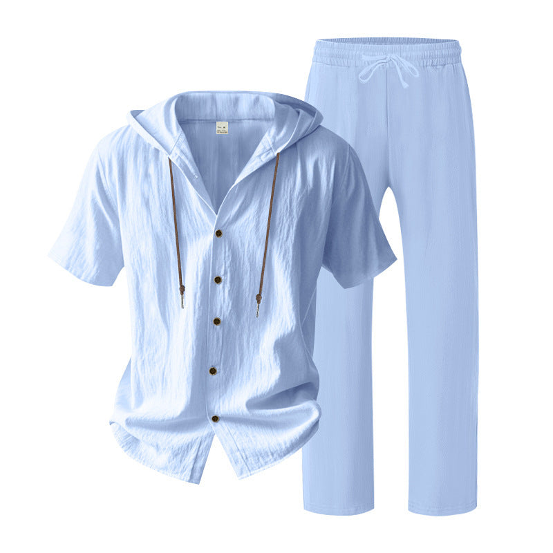 Men's urban leisure set with short-sleeved hoodie shirt, button placket, and straight comfort pants with drawstring Mune Fashion