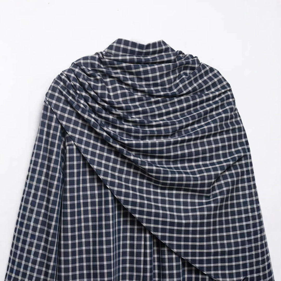Women's Checked Blouse with Asymmetric Scarf Draping and Shirt Collar Mune Fashion