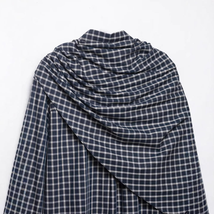 Women's Checked Blouse with Asymmetric Scarf Draping and Shirt Collar Mune Fashion