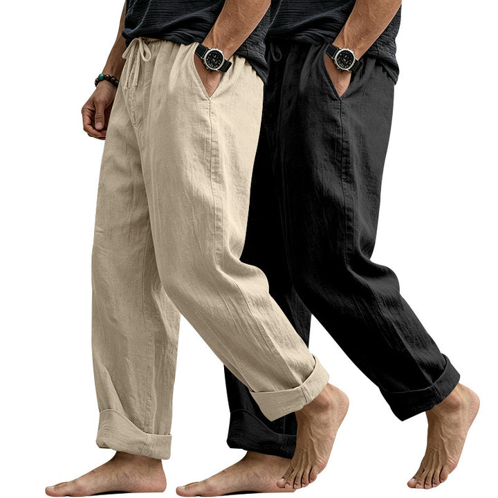 Men's Wide Comfort Casual Pants Made of Linen Blend with Drawstring, Side Pockets and Cuffed Mune Fashion