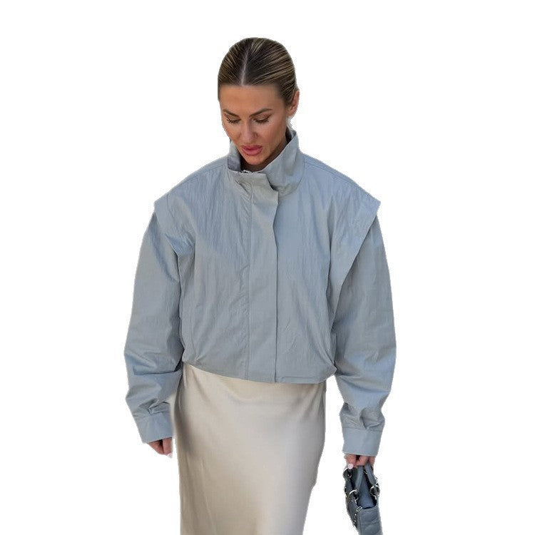 Ladies Cropped Transitional Jacket with Stand Collar and Emphasized Shoulder Area Mune Fashion