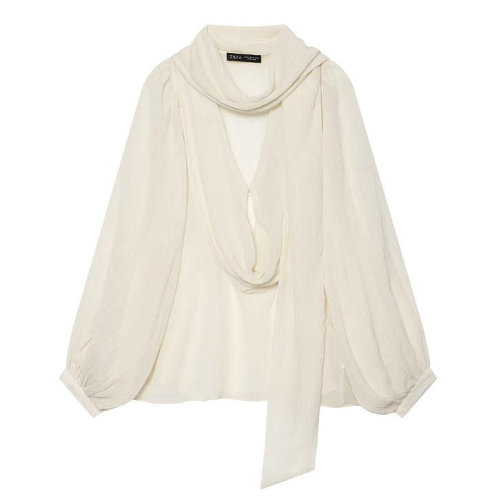 Women Draped Chiffon Blouse with Waterfall Shawl Collar and Balloon Sleeves Drune