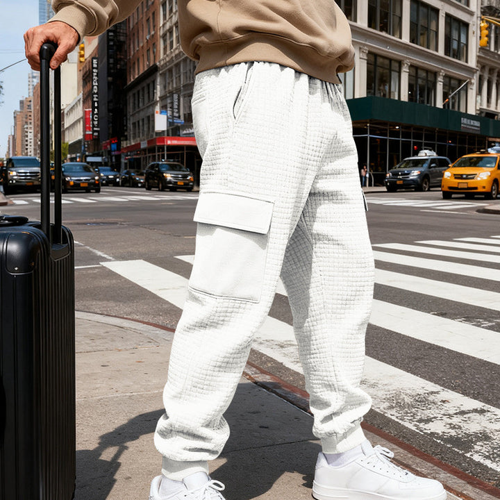 Men's Textured Cargo Jogging Pants with Drawstring, Snap Flap Pockets and Ribbed Cuffs Mune Fashion