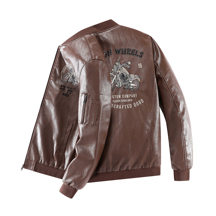 Men's Fashion Faux Leather Bomber Jacket with Detailed Embroidery Mune Fashion