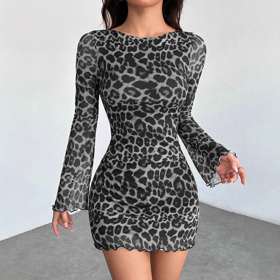Women's Figure-Hugging Mesh Mini Dress with Leo Print and Long Sleeve Mune Fashion