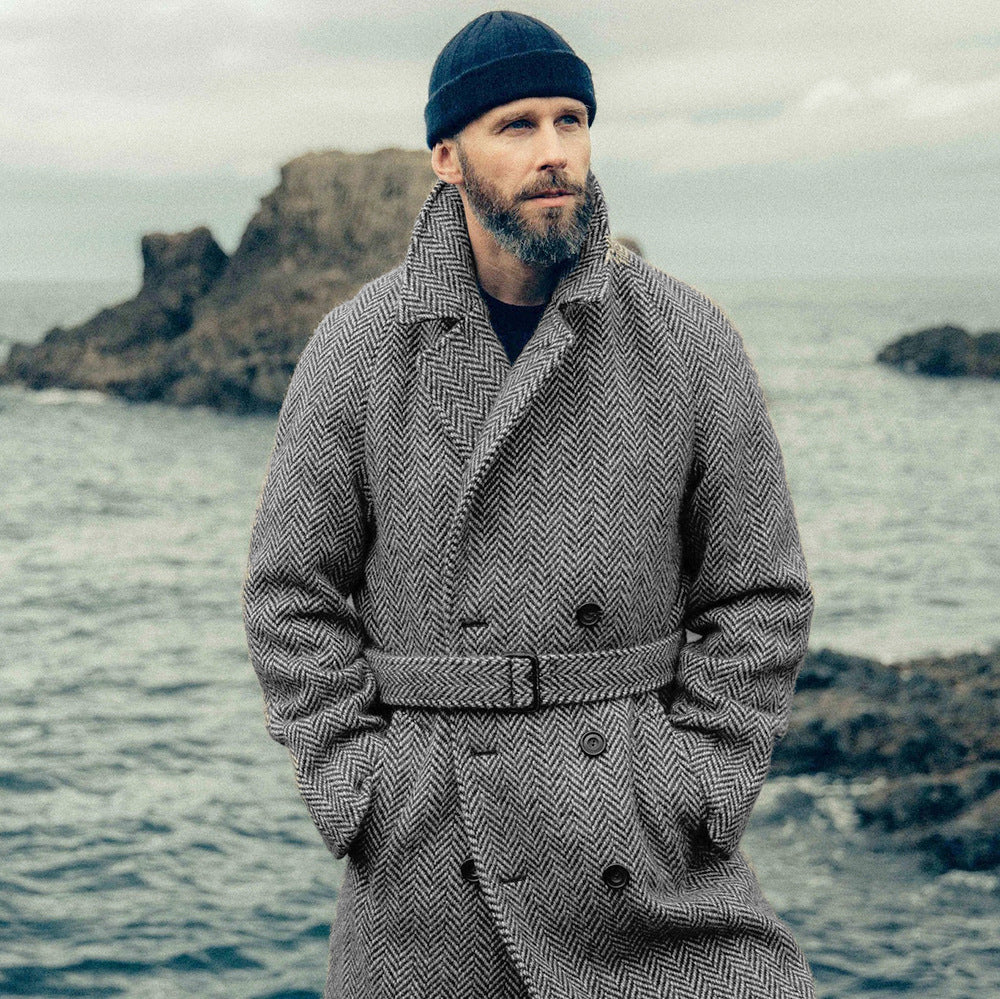 Men's Double-Breasted Wool Blend Coat with Herringbone Pattern and Waist Belt Mune Fashion
