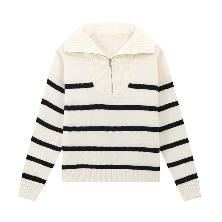 Women's Striped Turtleneck Sweater with Half Zipper and Foldable Collar Mune Fashion