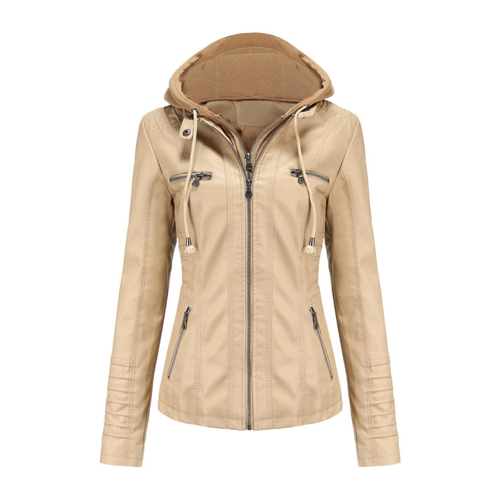 Women nan tailored faux leather jacket with hood, quilted arm flap and concealed zipper pockets Mune Fashion