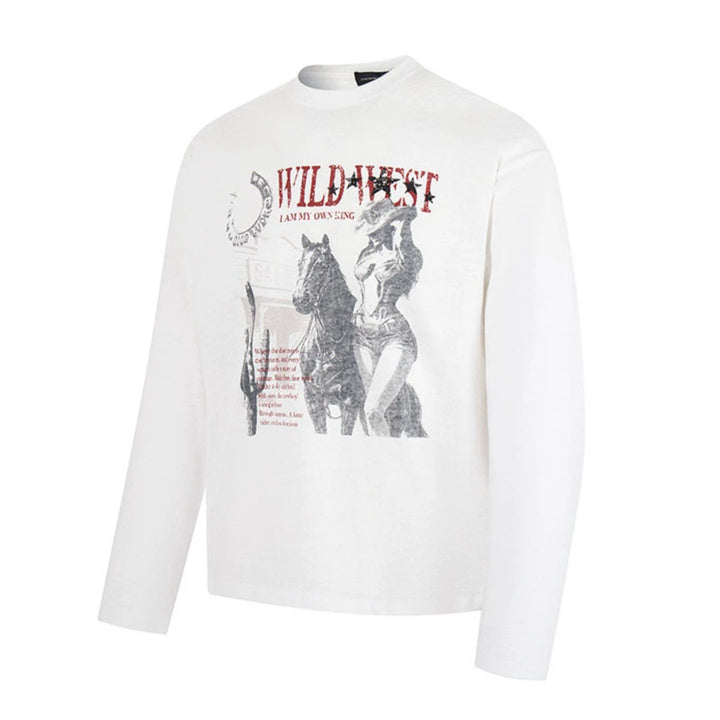 Women's Long Sleeve Shirt with Vintage Wild West Print and Round Neck Dress