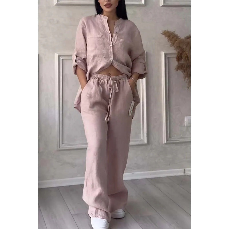 Women's Wide Linen Blend Pants with High Elastic Waistband, Drawstring and Palazzo Silhouette Mune Fashion