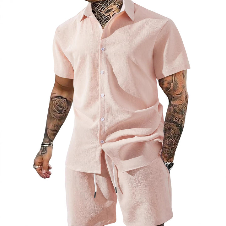 Men's Crinkle Lounge Set with Open Lapel Shirt, Integrated Short Sleeve T-Shirt, and Drawstring Bermuda Mune Fashion