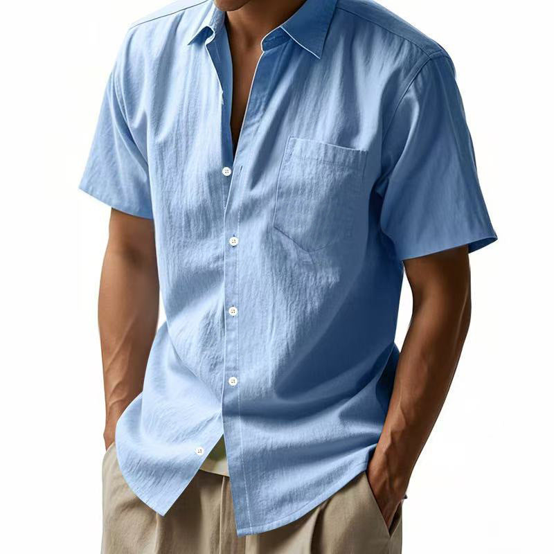 Men's short-sleeved cotton-linen casual shirt with Kent collar, chest pocket, and continuous button placket Mune Fashion