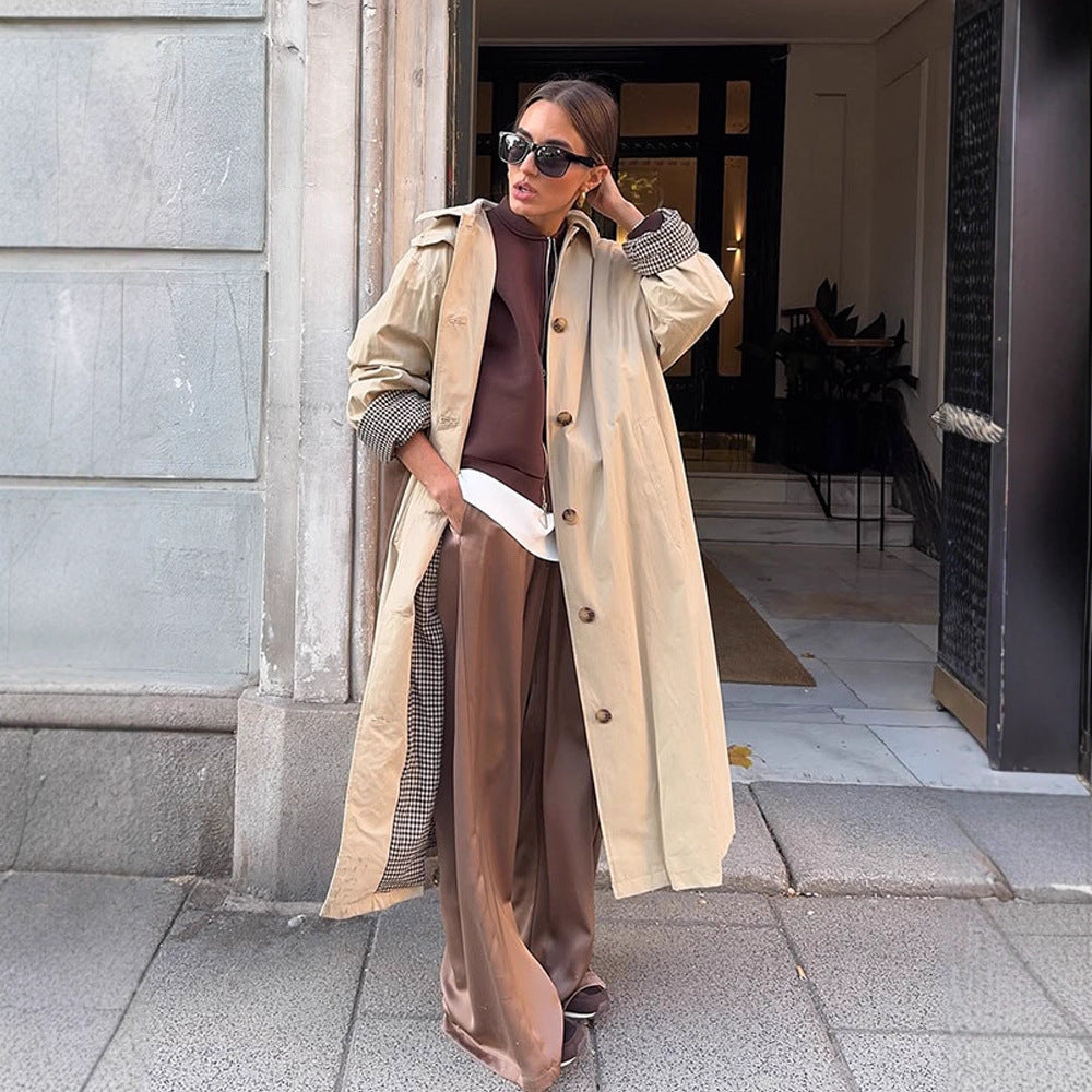 Women's Maxi Long Trench Coat with Check Lining, Wide Fall & Classic Button Placket Mune Fashion