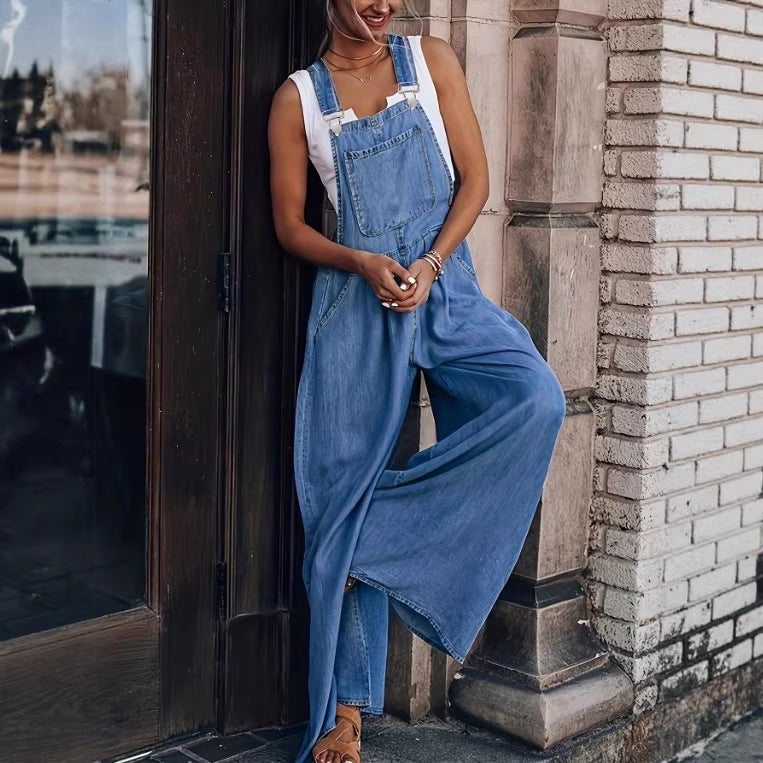 Women's Wide Denim Overall in Palazzo Cut with Adjustable Straps Mune Fashion