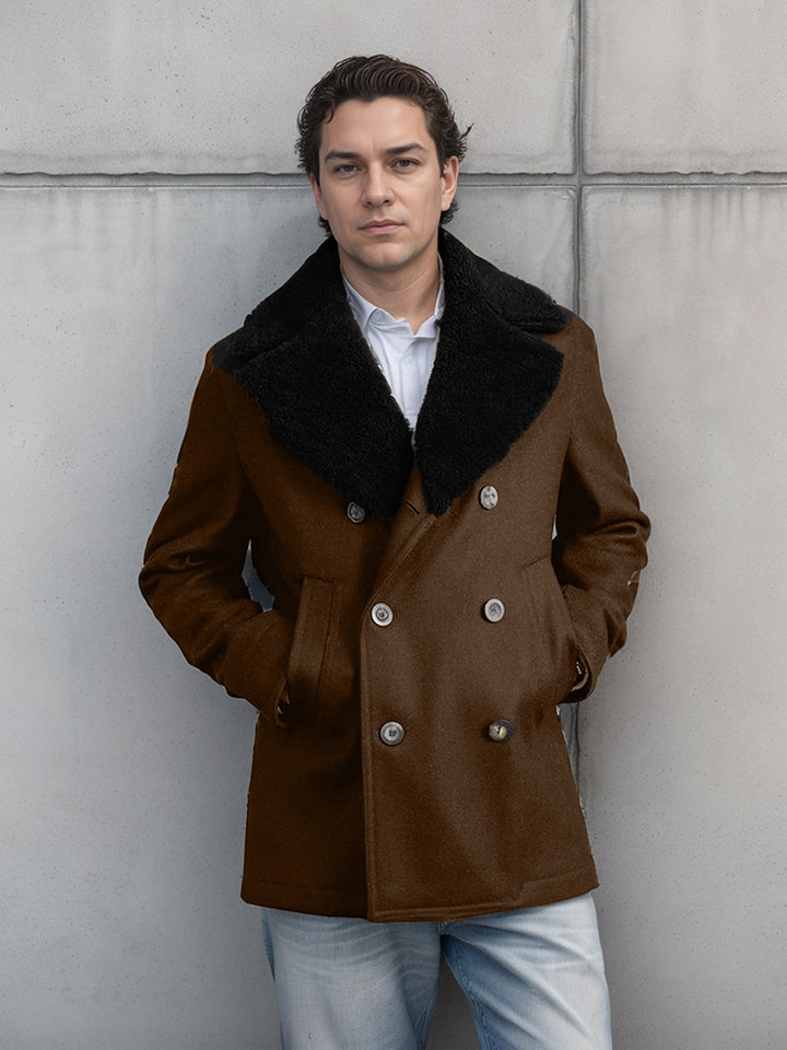 Men's short coat in pea coat style made of wool blend with voluminous teddy collar and side pockets Mune Fashion