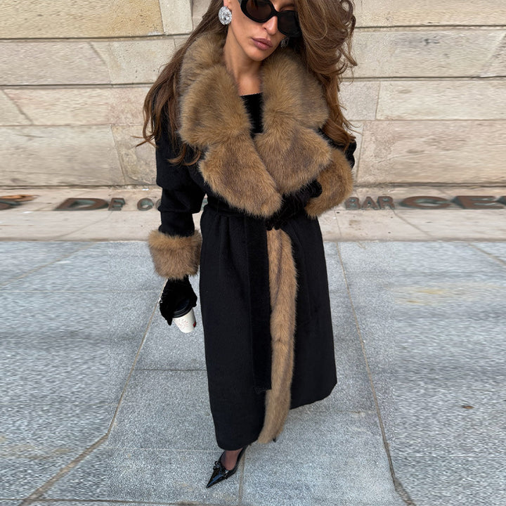 Women Tailored Maxi Coat with Faux Fur Shawl Collar and Tied Belt Mune Fashion