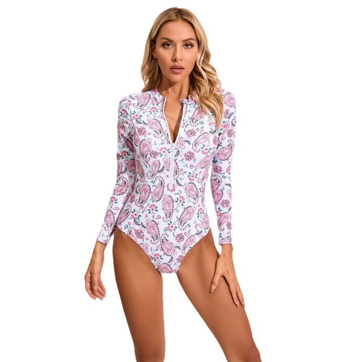 Women's High Neck One-Piece Swimsuit with Zip and Floral Pattern Mune Fashion