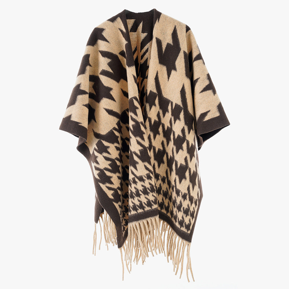 Women Wool Blend Poncho with Houndstooth Pattern and Fringe Hem Mune Fashion